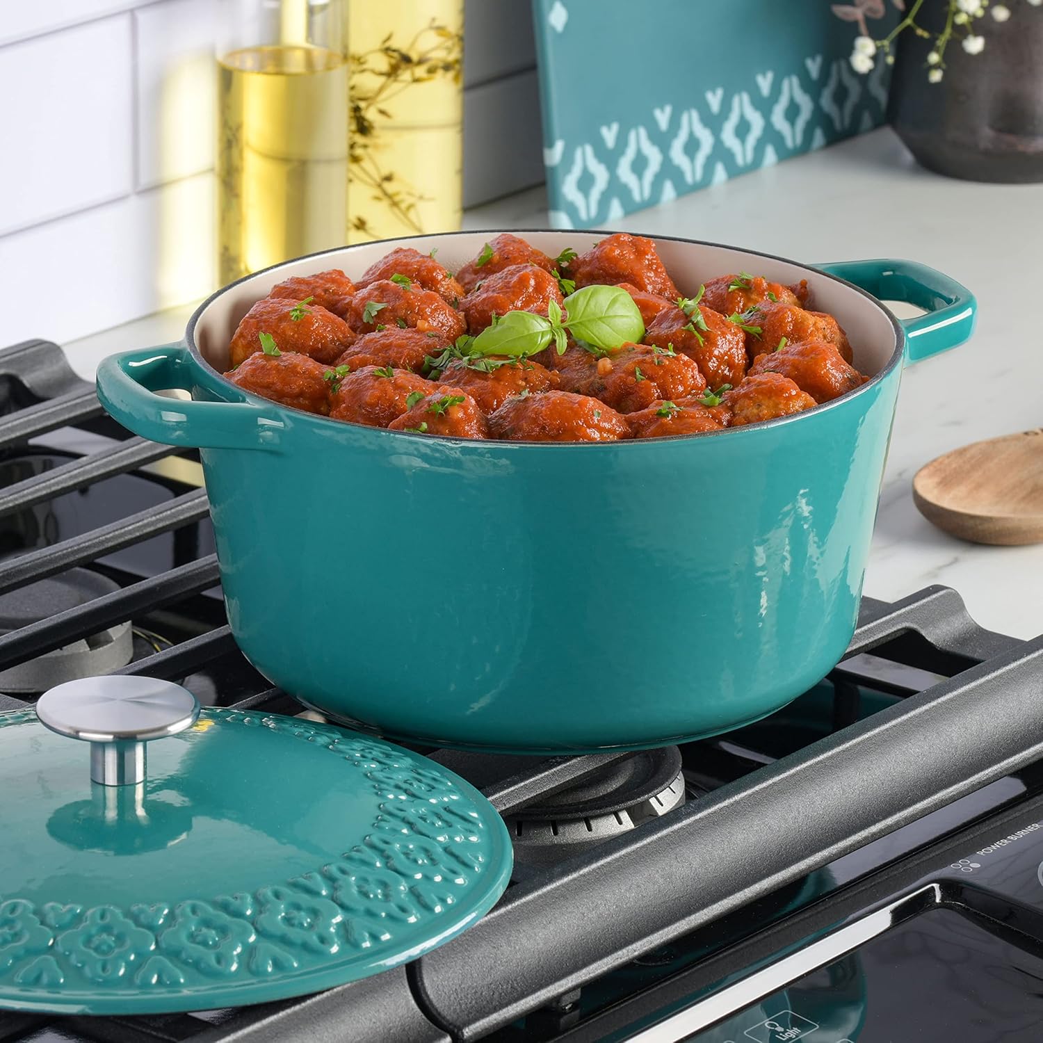 Spice by Tia Mowry 3.5 QT Enameled Cast Iron Dutch Oven W/Embossed Lid – Teal Spice by Tia Mowry 3.5 QT Enameled Cast Iron Dutch Oven W/Embossed Lid – Teal